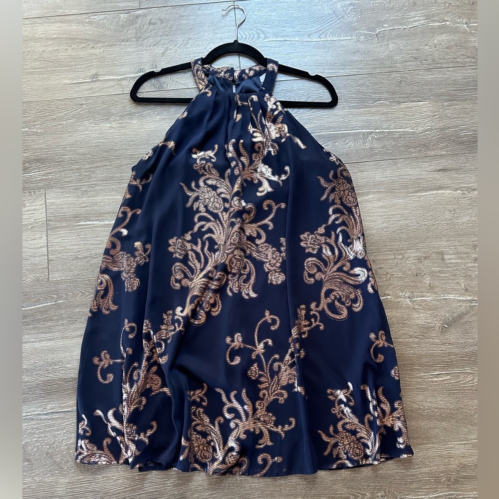 Navy with Copper floral print halter top shift dress size Medium